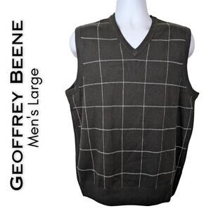 Geoffrey Beene Mens Sweater Vest Large Black Tan Check V-Neck Retro Preppy Knit